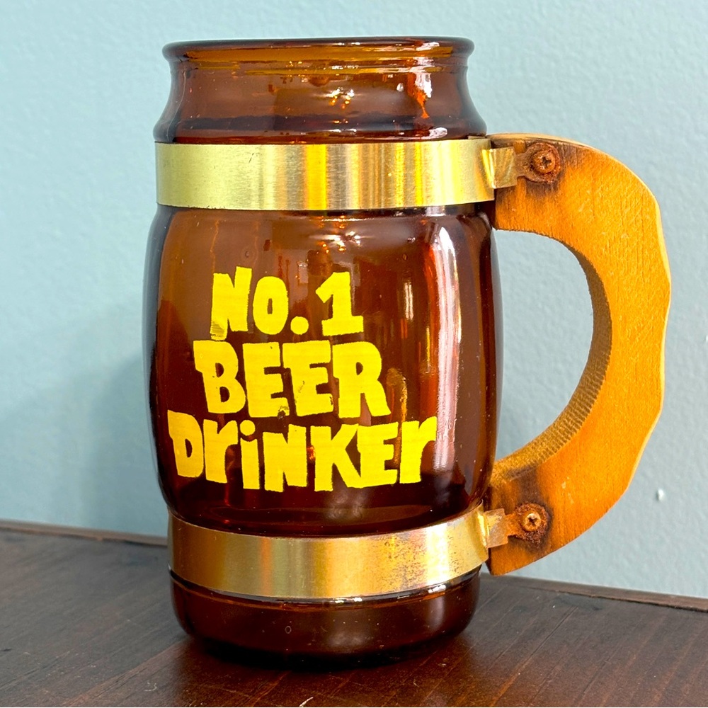 Vintage Novelty Mug No. 1 Beer Drinker Mug Brown Glass with the Wood Handle